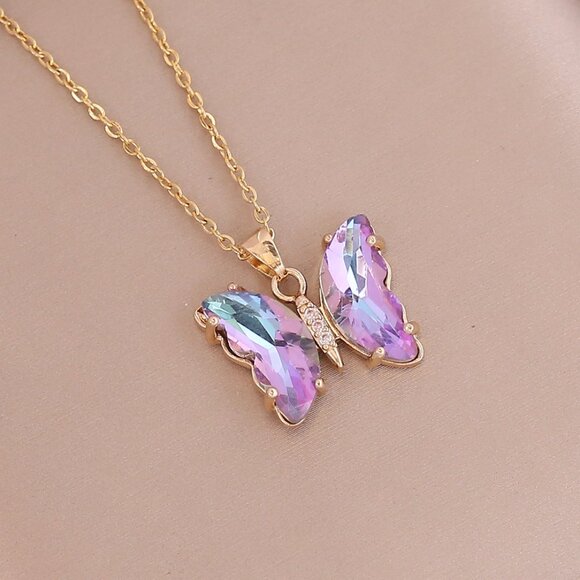 3/$35 Colourful Butterfly Charm Pendant Gold Chain Necklace Cubic Zirconia - Picture 1 of 7